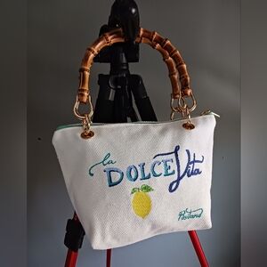White Tote with Bamboo Handles and Citrus Motif